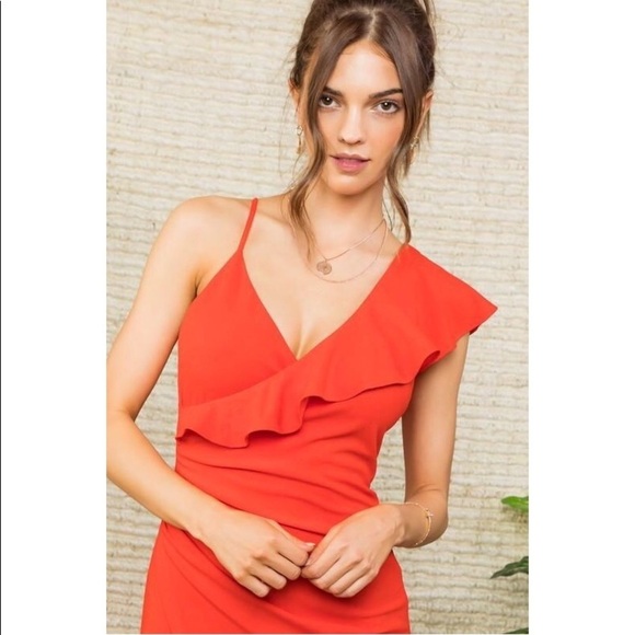Red Orange Ruffle One Shoulder Dress - Picture 6 of 7